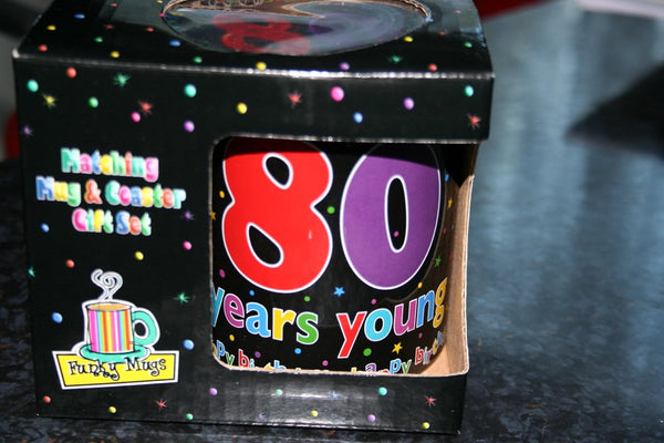 80th Birthday Mug & Coaster Set. 80 Years Young. Happy 80th Birthday