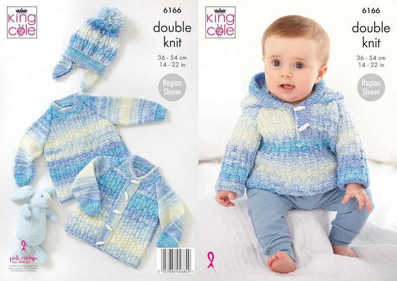 King Cole Baby DK Knitting Pattern - 6166 Sweater, Cardigan, Helmet & Hooded Sweater