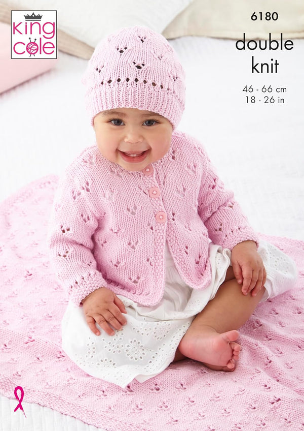 King Cole Baby Knitting Pattern Double Knit Baby Cardigan, Hat & Blanket (6180), 18” – 26” (46cm – 66cm)