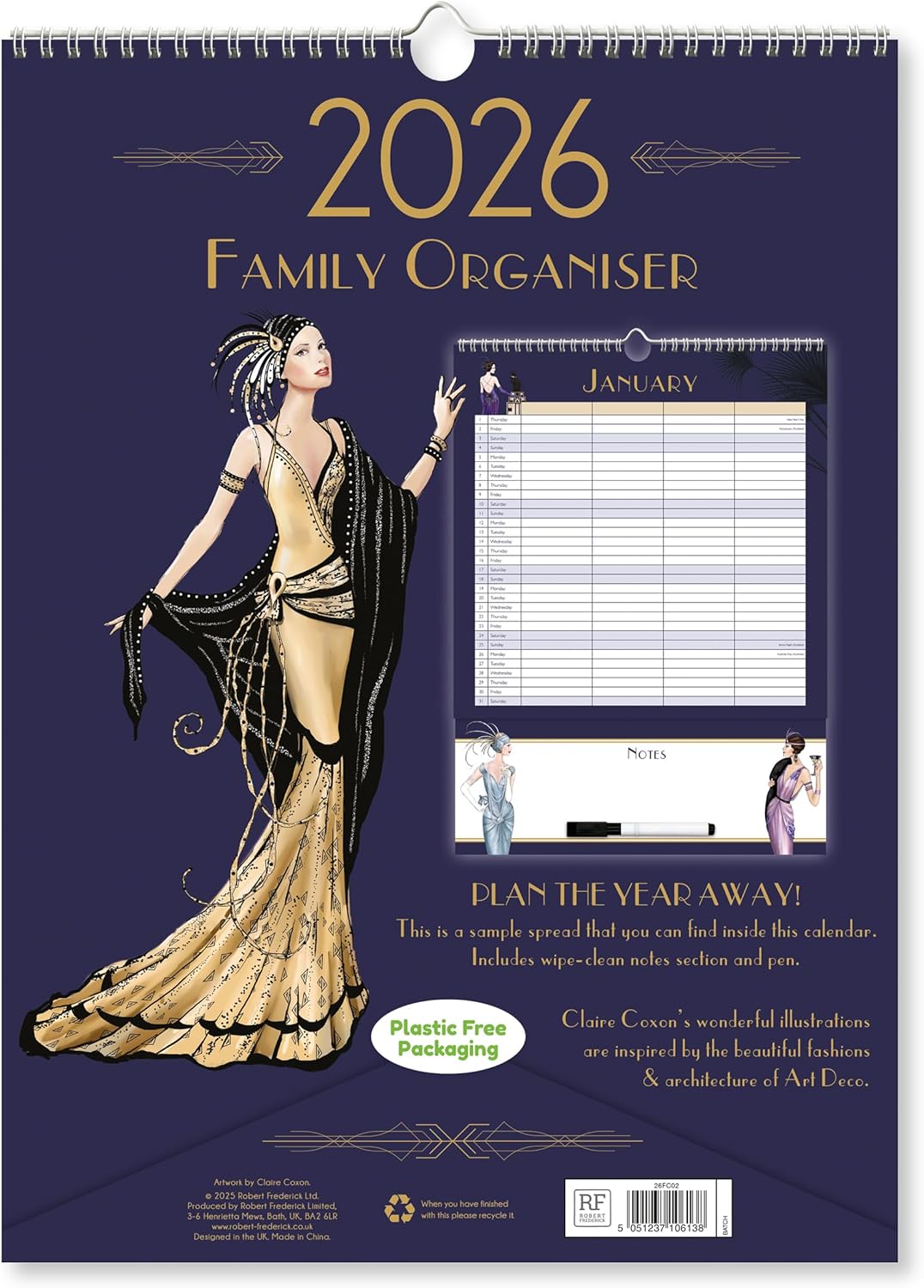 Claire Coxon Art Deco 2026 Family Organiser Wall Calendar | Large 4-Column Monthly Planner with Wipe-Clean Notes, Pen & Hanging Loop