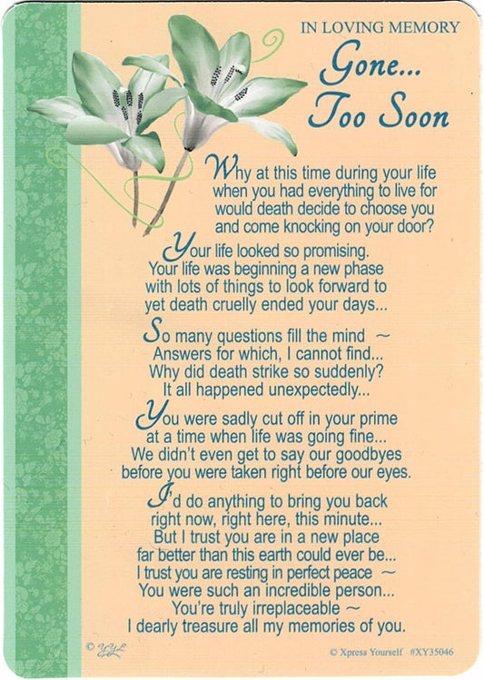 Grave/Graveside Memorial Card - In Loving Memory Gone... Too Soon