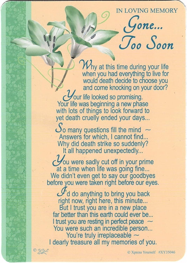 Grave/Graveside Memorial Card - In Loving Memory Gone... Too Soon
