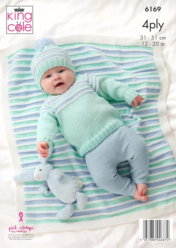 King Cole Baby Knitting Pattern Double Knit Baby Blanket, Matinee Jacket, Sweater, Bootees and Hat (6169), 12” – 20” (31cm – 51cm)