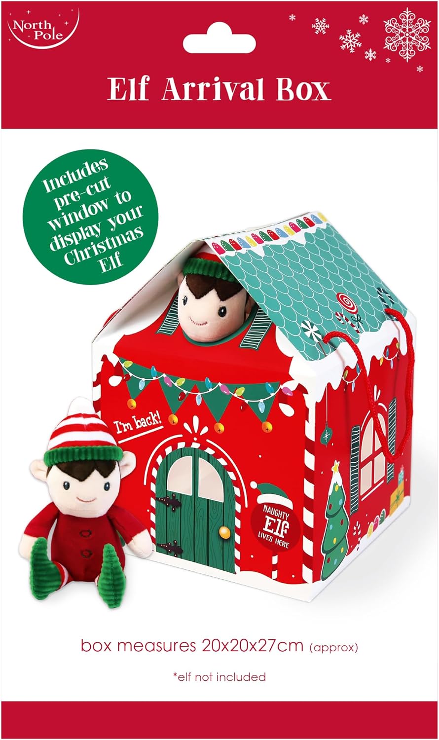 Eurowrap Elf Arrival House – Christmas Elf Display Box with Cut-Out Windows, Roof & Door Openings – Festive Red & Green Elf House Gift Box – Christmas Eve Surprise Presentation (Elf Not Included)