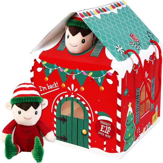 Eurowrap Elf Arrival House – Christmas Elf Display Box with Cut-Out Windows, Roof & Door Openings – Festive Red & Green Elf House Gift Box – Christmas Eve Surprise Presentation (Elf Not Included)
