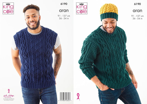 King Cole Men's Knitting Pattern, Double Knit Sweaters, Slipover and Hat (6190), 36” – 54” (91cm – 137cm)