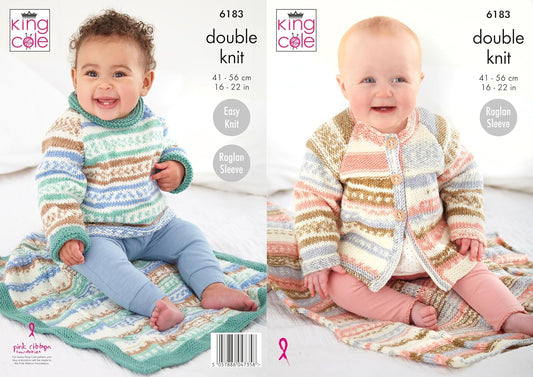 King Cole Baby Easy Knitting Pattern, Raglan Sleeve, Double Knit Sweater, Matinee Coat and Blankets (6183), 16” – 22” (41cm – 56cm)