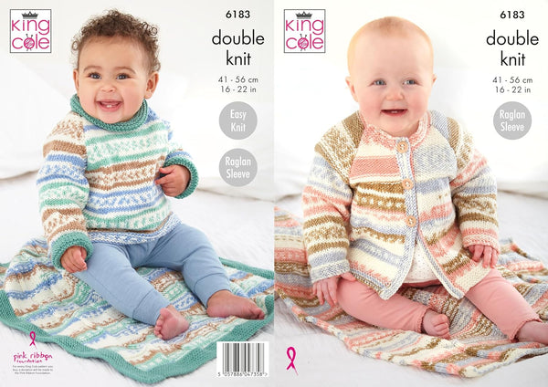 King Cole Baby Easy Knitting Pattern, Raglan Sleeve, Double Knit Sweater, Matinee Coat and Blankets (6183), 16” – 22” (41cm – 56cm)