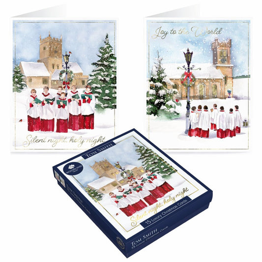 Tom Smith Boxed Christmas Cards Pack - 15 Luxury Xmas Cards with Envelopes and Seals - Seasonal Church and Choir Designs - Recycled Eco Friendly Christmas Card Set