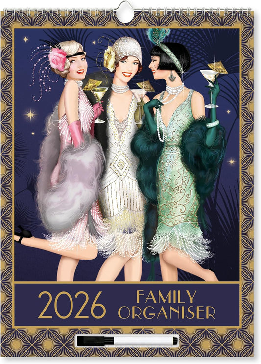 Claire Coxon Art Deco 2026 Family Organiser Wall Calendar | Large 4-Column Monthly Planner with Wipe-Clean Notes, Pen & Hanging Loop