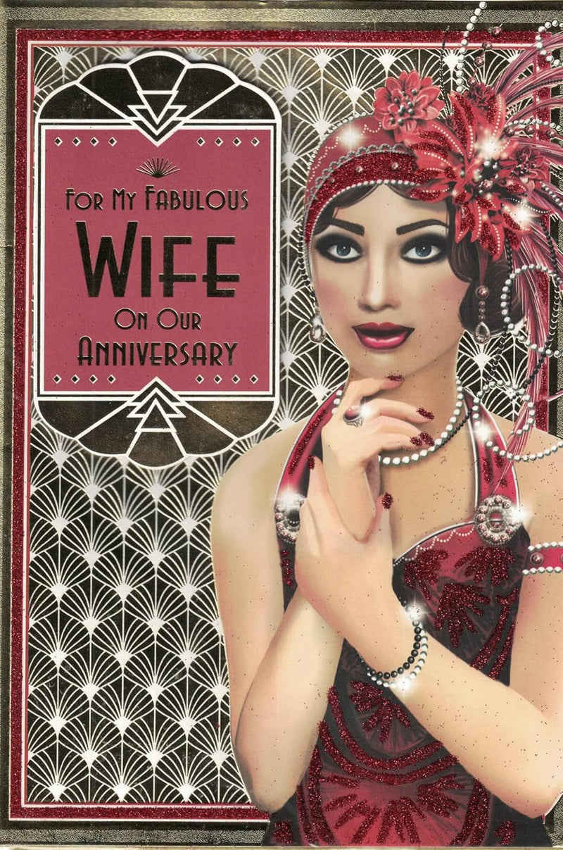 Art Deco Style Wife Anniversary Card, 7 x 10 inches, Flapper Lady Design Oe