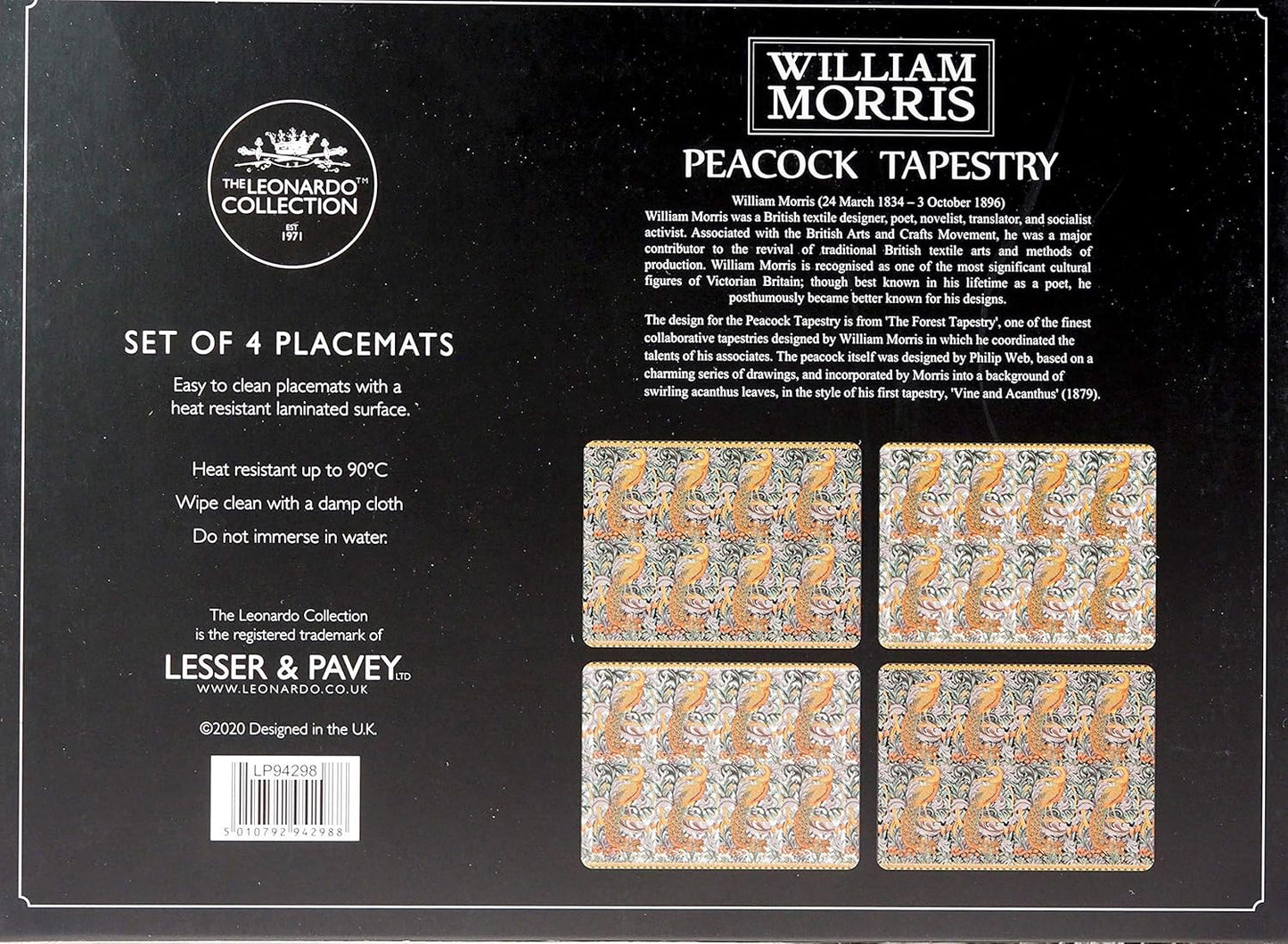 LEONARDO Set of 4 William Morris Peacock Tapestry Cork Backed Place Mats Table Mats