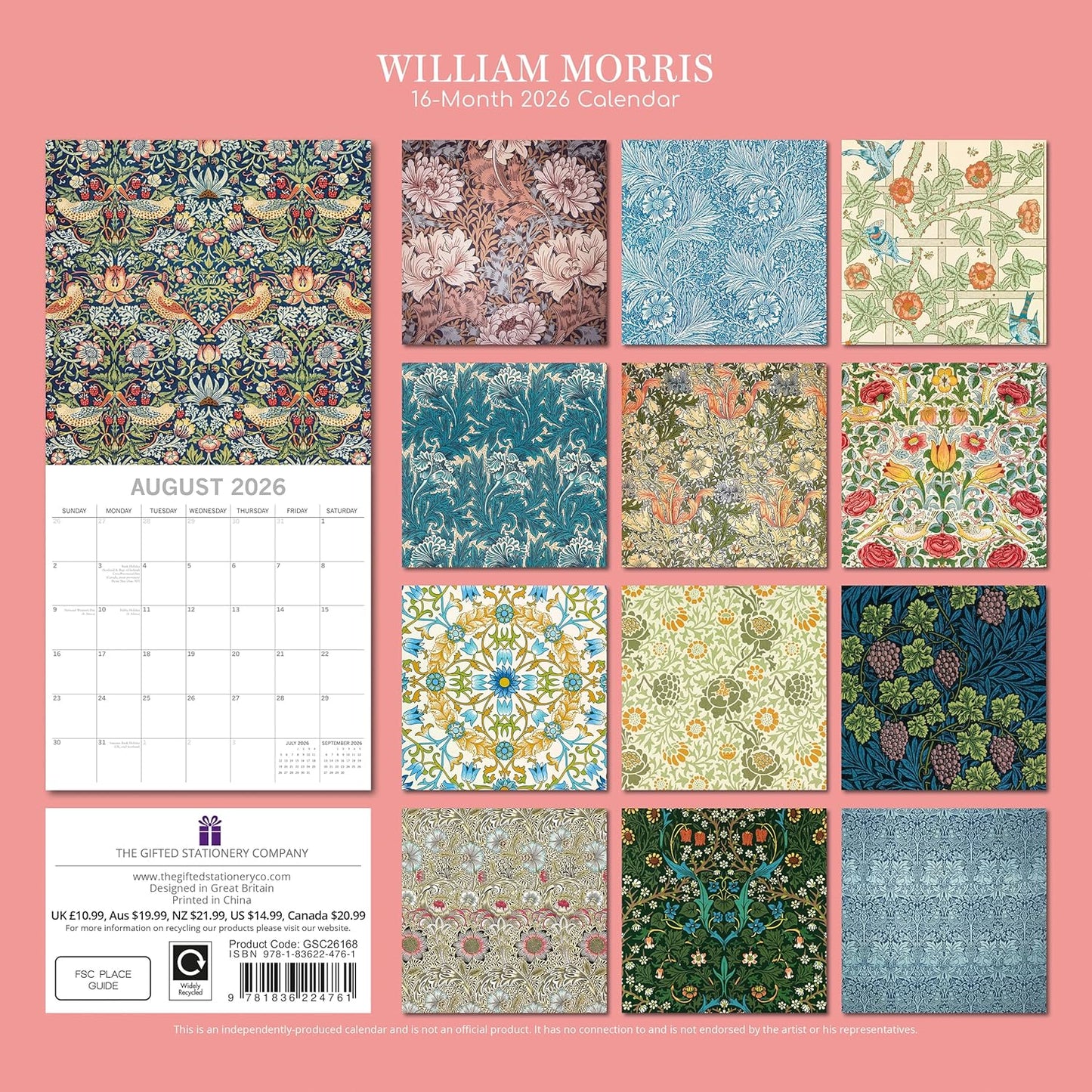 TGSC | William Morris 2026 Calendar 16 Month (Sept 2025-Dec 2026) Family Square Wall Calendar 2026 UK | Planner with Large Grid for Home or Office Organisation - Art 2026/2025 Calendar UK