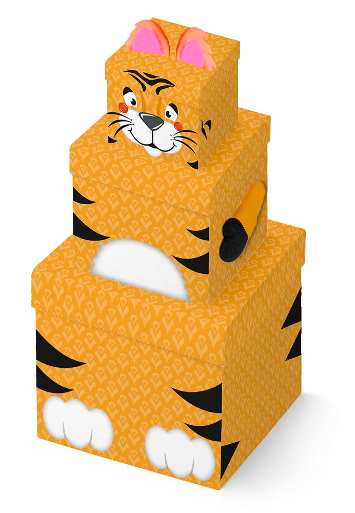 Clairefontaine - Ref K-29058-BXC - Tiger Stackable Square Boxes (Set of 3) - Various Sizes, Printed Paper With Plush Finish, Can Be Stacked to Reveal a Tiger