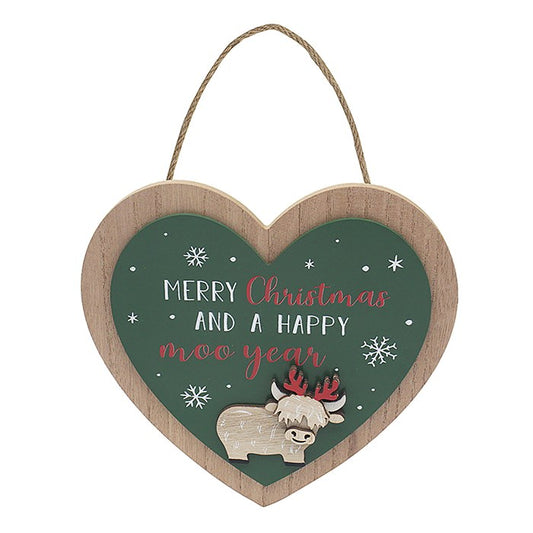 Xmas Highland Cow Heart Plaque Year
