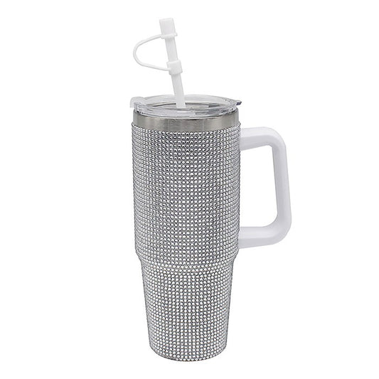 Silver Diamante Drinks Cup for Hot Or Cold Drinks | Large Thermal Travel Mug with Lid & Straw for Office, Gym, Home Or Travel | Insulated Tumbler Coffee Cups for Daily Use