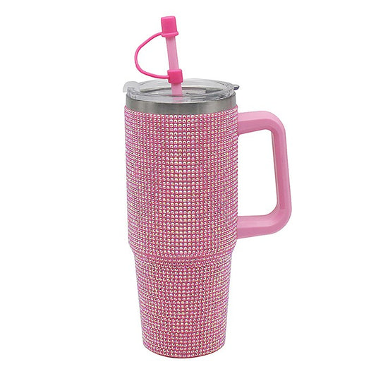 Pink Diamante Drinks Cup for Hot Or Cold Drinks | Large Thermal Travel Mug with Lid & Straw for Office, Gym, Home Or Travel | Insulated Tumbler Coffee Cups for Daily Use