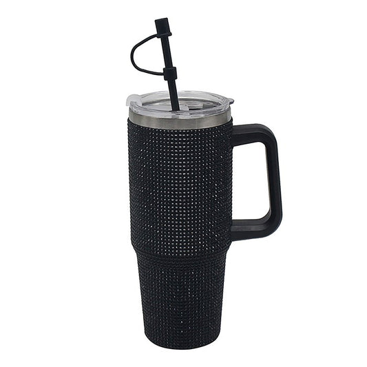 Black Diamante Drinks Cup for Hot Or Cold Drinks | Large Thermal Travel Mug with Lid & Straw for Office, Gym, Home Or Travel | Insulated Tumbler Coffee Cups for Daily Use