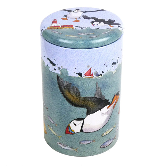 Emma Ball Diving Puffins Tall Round Storage Tin
