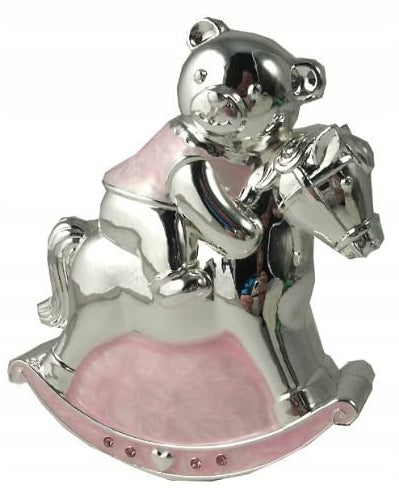 Christening Gift Silver Plated Pink Enamelled Rocking Horse With Teddy Money Box