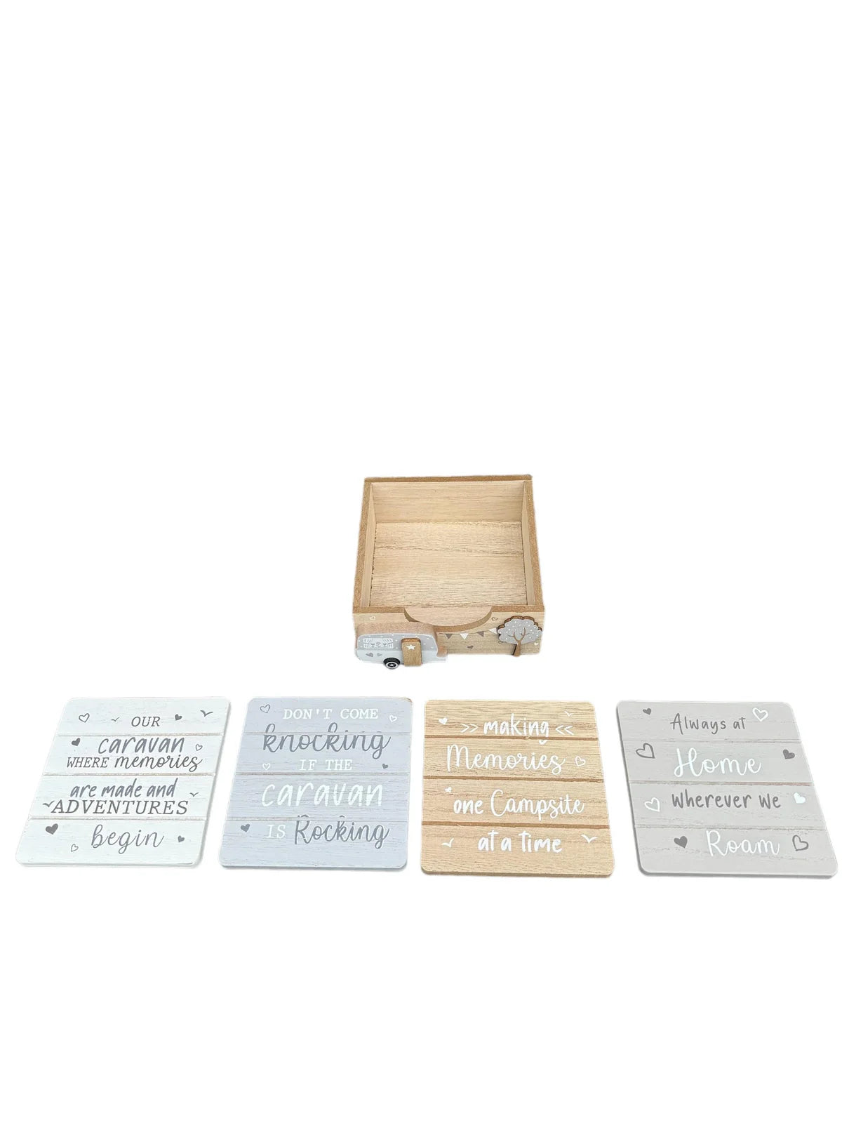 Wooden Caravan Theme Drinks Coasters Set  DONT COME KNOCKING IF CARAVAN IS ROCKING