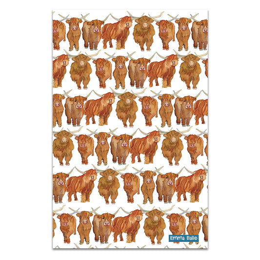 Emma Ball "Highland Coos Pure cotton tea towel. Printed in the UK.