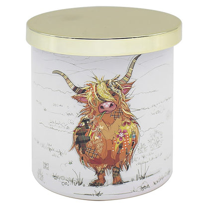 Lesser & Pavey Bug Art Candle Gold Lid- Kimba Kitten, Hamish Highland Cow, Murphy Mutt, Eddie Elephant, Connie Cow, Otto Owl, Gina Giraffe, Pozi Panda and More (Highland Cow) [Energy Class A]
