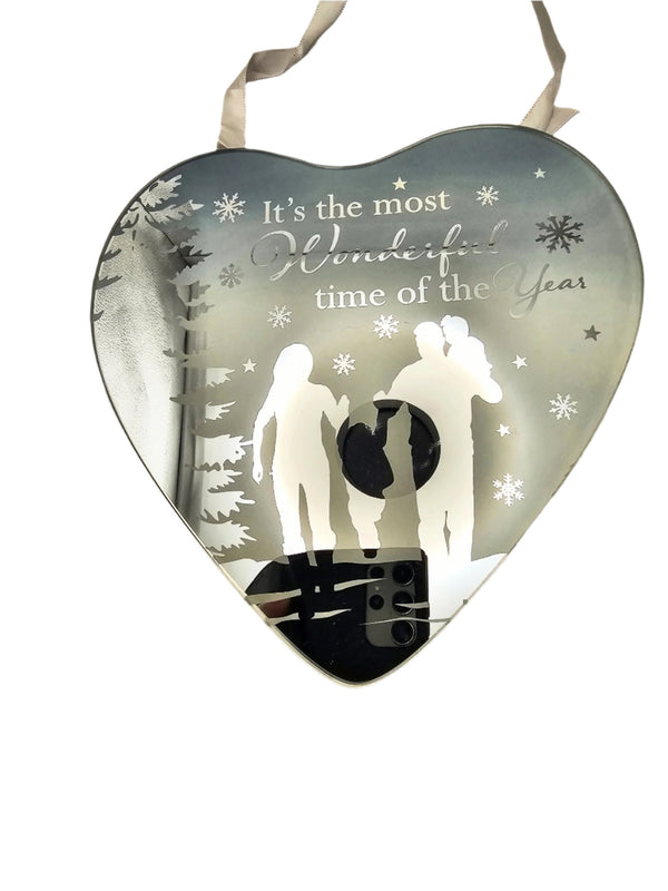Reflections Christmas Mirror Glass Hanging Heart Plaque  its the  most  wonderful  time of year