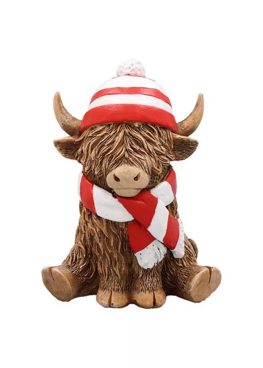 Happy Highland Cow Ornament   Red and White Scarf      Gift Boxed