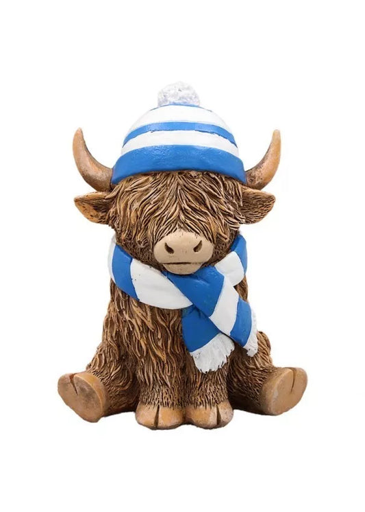 Happy Highland Cow Ornament   blue and White Scarf      Gift Boxed