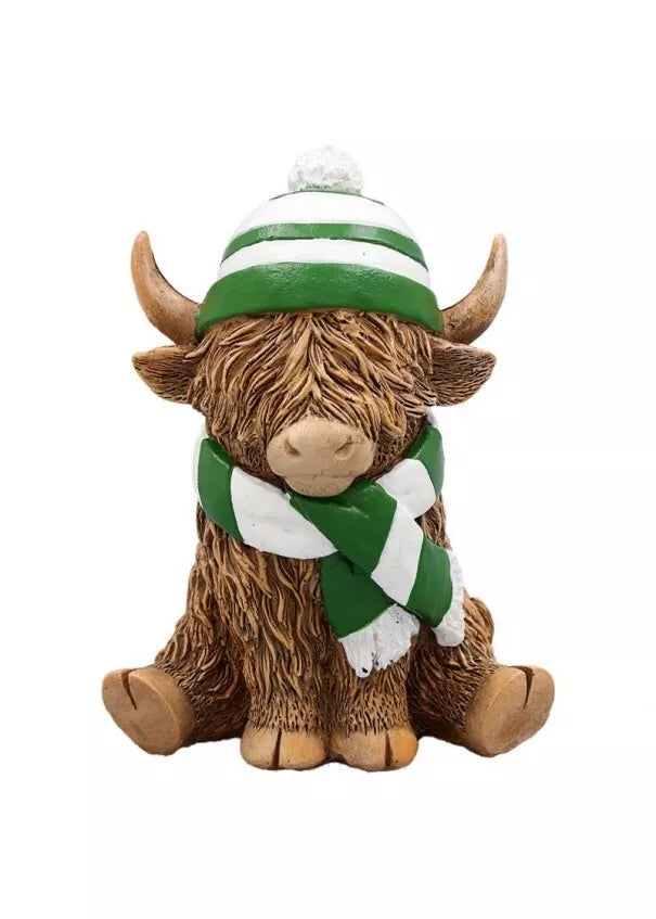 Happy Highland Cow Ornament   green   and White Scarf      Gift Boxed