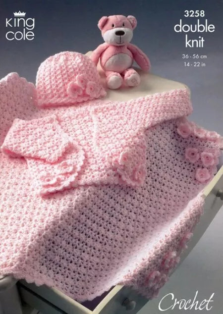 King Cole Baby Bolero, Hat & Pram Blanket DK Crochet Pattern 3258