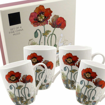Set Of 4 China Mugs By Bug Art - Poppy Mug-Gift Boxed-Fine China Cups Gift