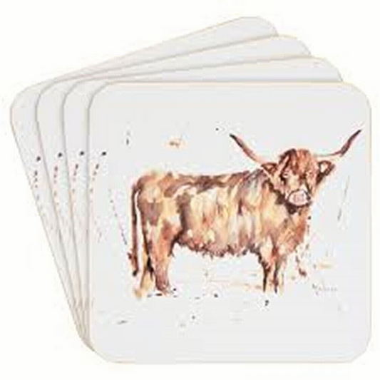 Set of 4 The Country Life Highland Cow Design Coasters Water Coloured Inspired