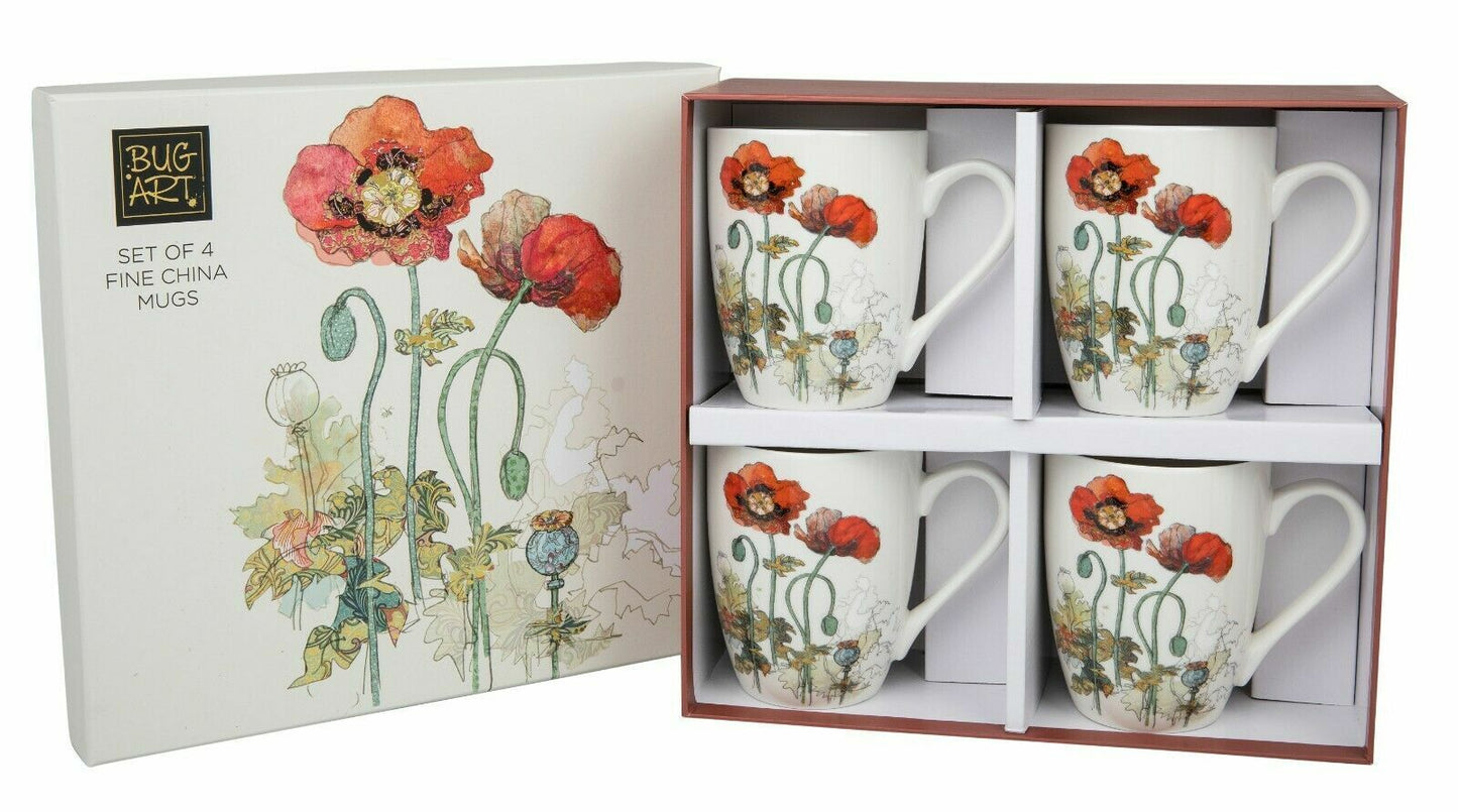 Set Of 4 China Mugs By Bug Art - Poppy Mug-Gift Boxed-Fine China Cups Gift
