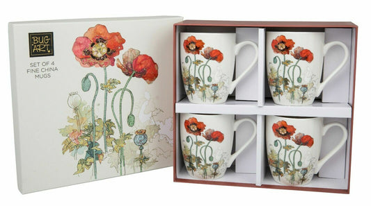 Set Of 4 China Mugs By Bug Art - Poppy Mug-Gift Boxed-Fine China Cups Gift