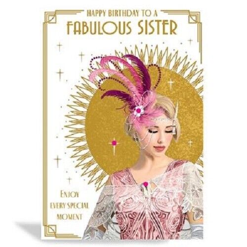 Art Deco - Fabulous Sister - Foiled Birthday Card with Gem Detail