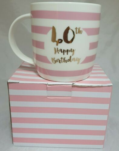 BIRTHAY MUG 40 GIFT BOXED PRESENT PINK STRIPED
