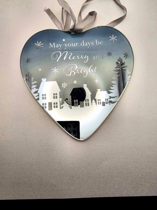 Reflections Christmas Mirror Glass Hanging Heart Plaque may the days be merry  and bright