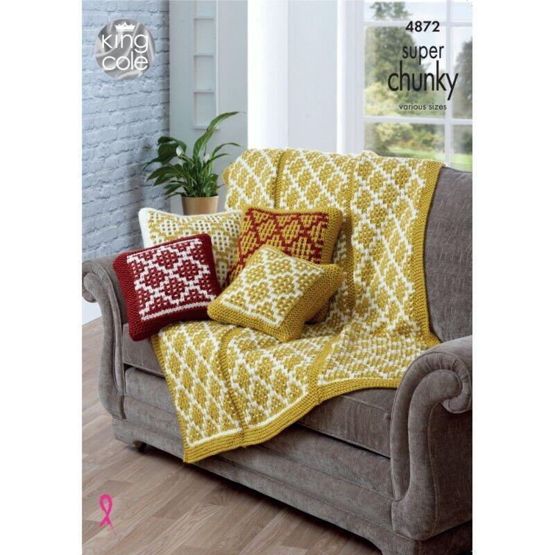 King Cole Knitting Pattern Cushion Covers & Throw Knitted BV Super Chunky 4872