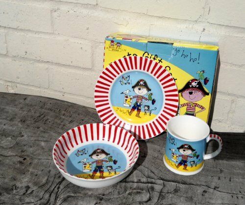 Children's China Plate, Bowl & Drinking Cup - Pirate Gift Set by Rachel Ellen (L - hanrattycraftsgifts.co.uk