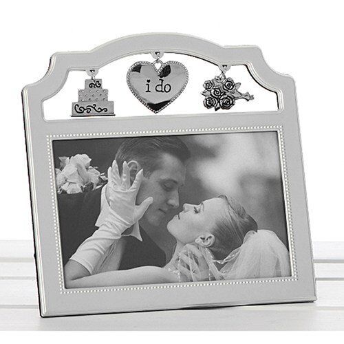Silver Coloured Shudehill Frame with 3 hanging charms of a wedding cake, bouquet of flowers