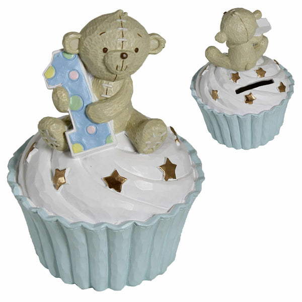 Button Corner 1st Birthday Teddy on Cup Cake Money Bank Blue - hanrattycraftsgifts.co.uk