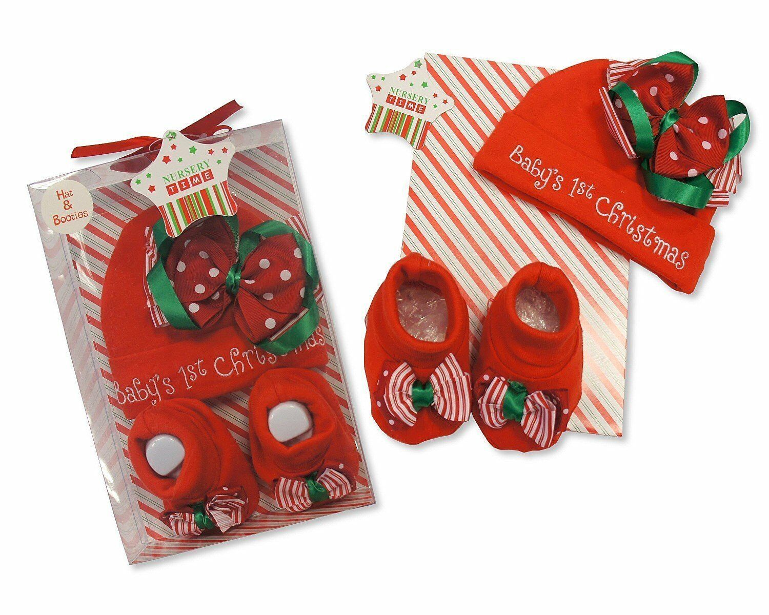 Baby's First Christmas 2 Piece Hat and Booties Set Gift Boxed - hanrattycraftsgifts.co.uk