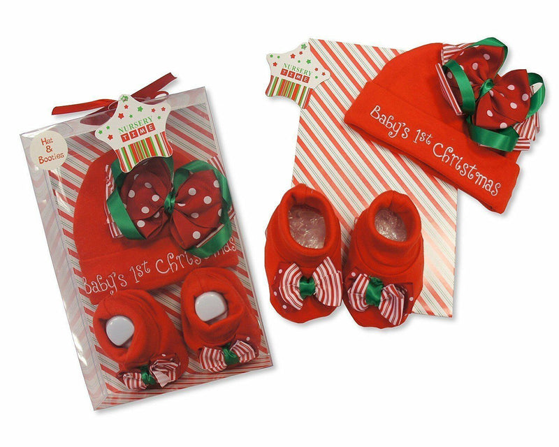 Baby's First Christmas 2 Piece Hat and Booties Set Gift Boxed - hanrattycraftsgifts.co.uk