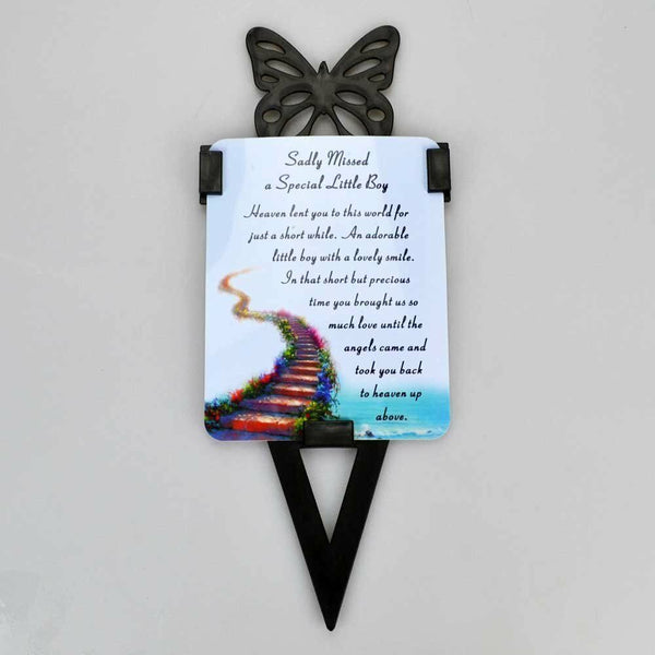 Little Boy Memorial Remembrance Verse With Grave Butterfly Ground Stake - hanrattycraftsgifts.co.uk
