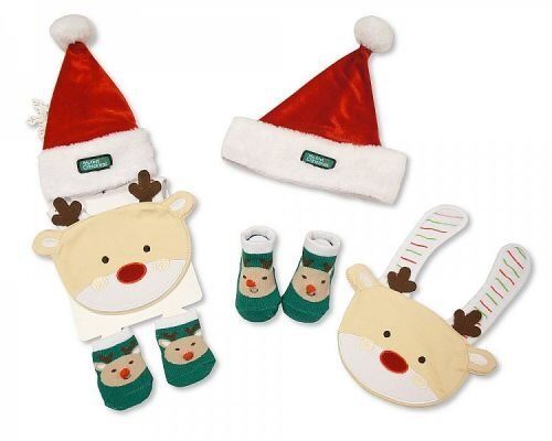 Baby Bib, Socks and Hat Christmas Set - Reindeer