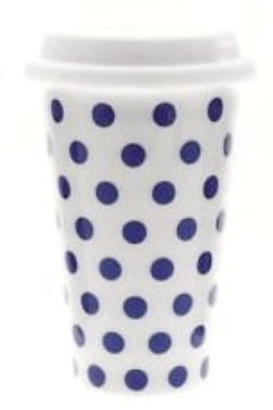 Cascade White with Blue Spots Polka Dot Insulated Travel Mug with Silicon Lid