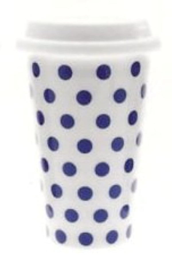 Cascade White with Blue Spots Polka Dot Insulated Travel Mug with Silicon Lid
