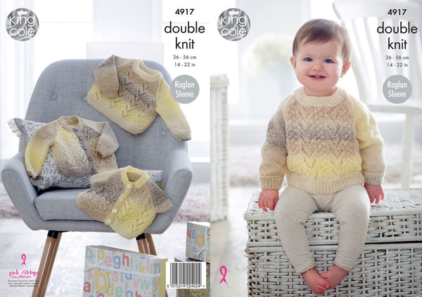 Baby Knitting Pattern Lacy Raglan Sleeve Sweater & Cardigans King Cole DK 4917